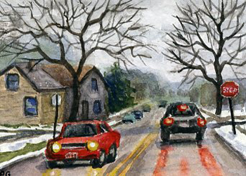 Winter Commute Patricia Gergetz West Bend WI watercolor SOLD